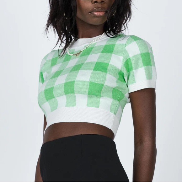 Princess Polly Green Checkered Sweater Top - Picture 1 of 6